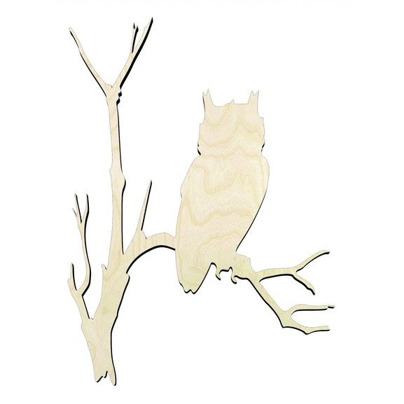 Owl on a Branch - Multiple Sizes #2 Wood Cutout - laser-cut Baltic birch wood cutout for craft projects